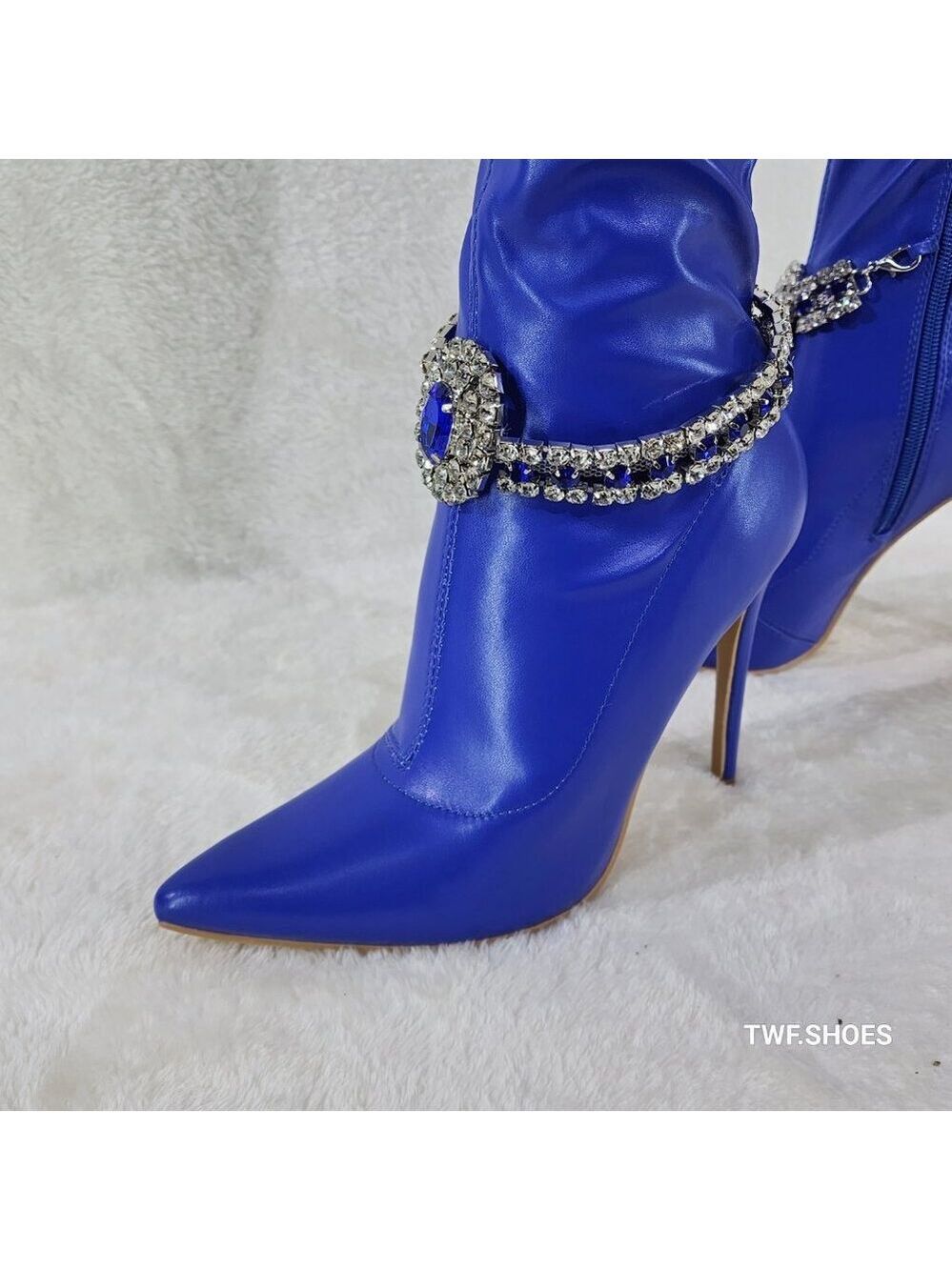 Lawless Bold Blue Stretch Leatherette Rhinestone Ankle Bracelet Thigh High Boots - Picture 14 of 17
